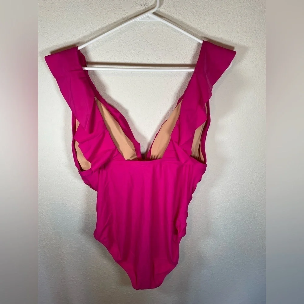 J.Crew fuchsia, pink ruffle ruched one piece swimsuit, size 18